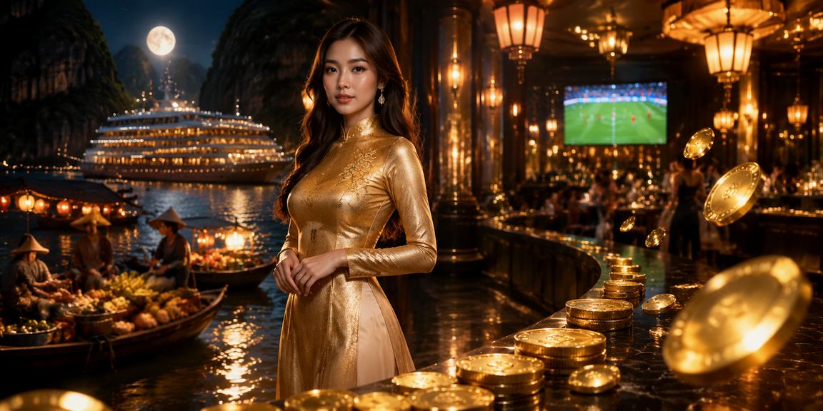 Người phụ nữ mặc áo dài tại Hạ Long theo dõi kèo cược thể thao trực tuyến trên điện thoại